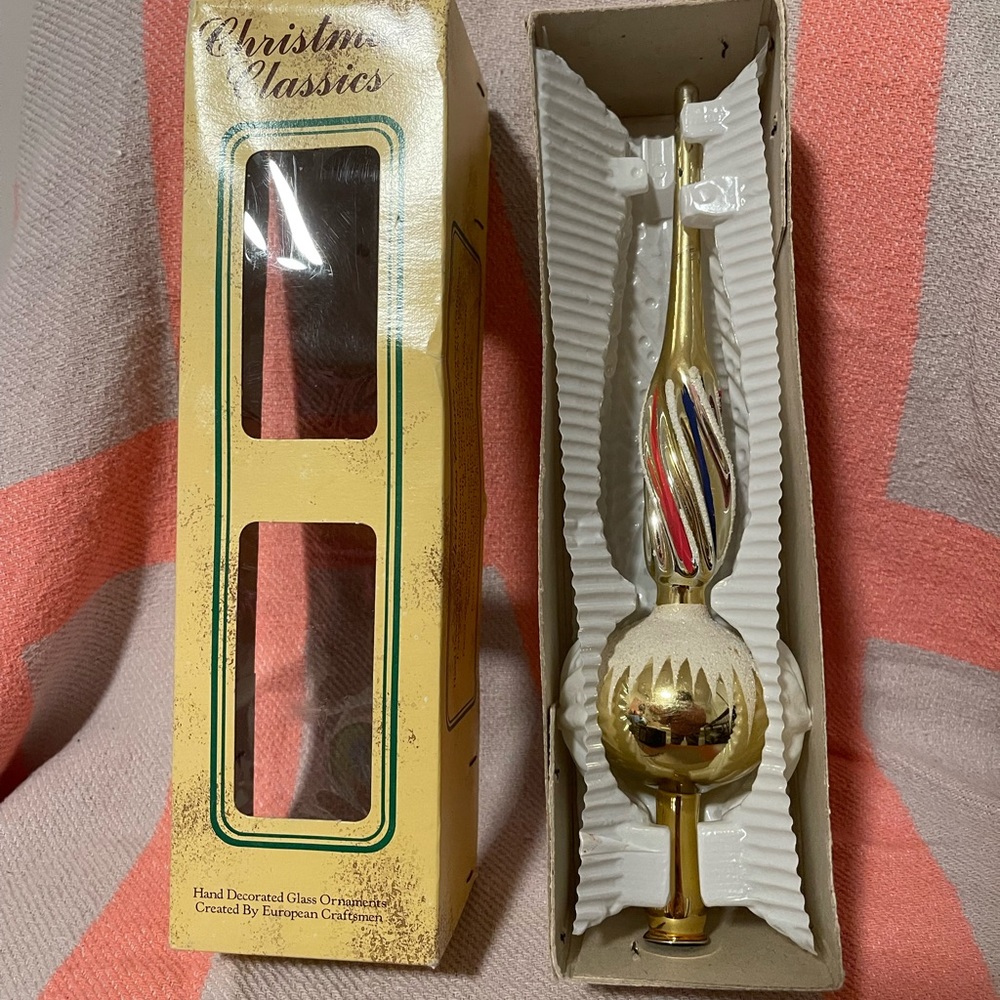 Vintage Glass Tree Topper Gold and Silver with Red White and Blue